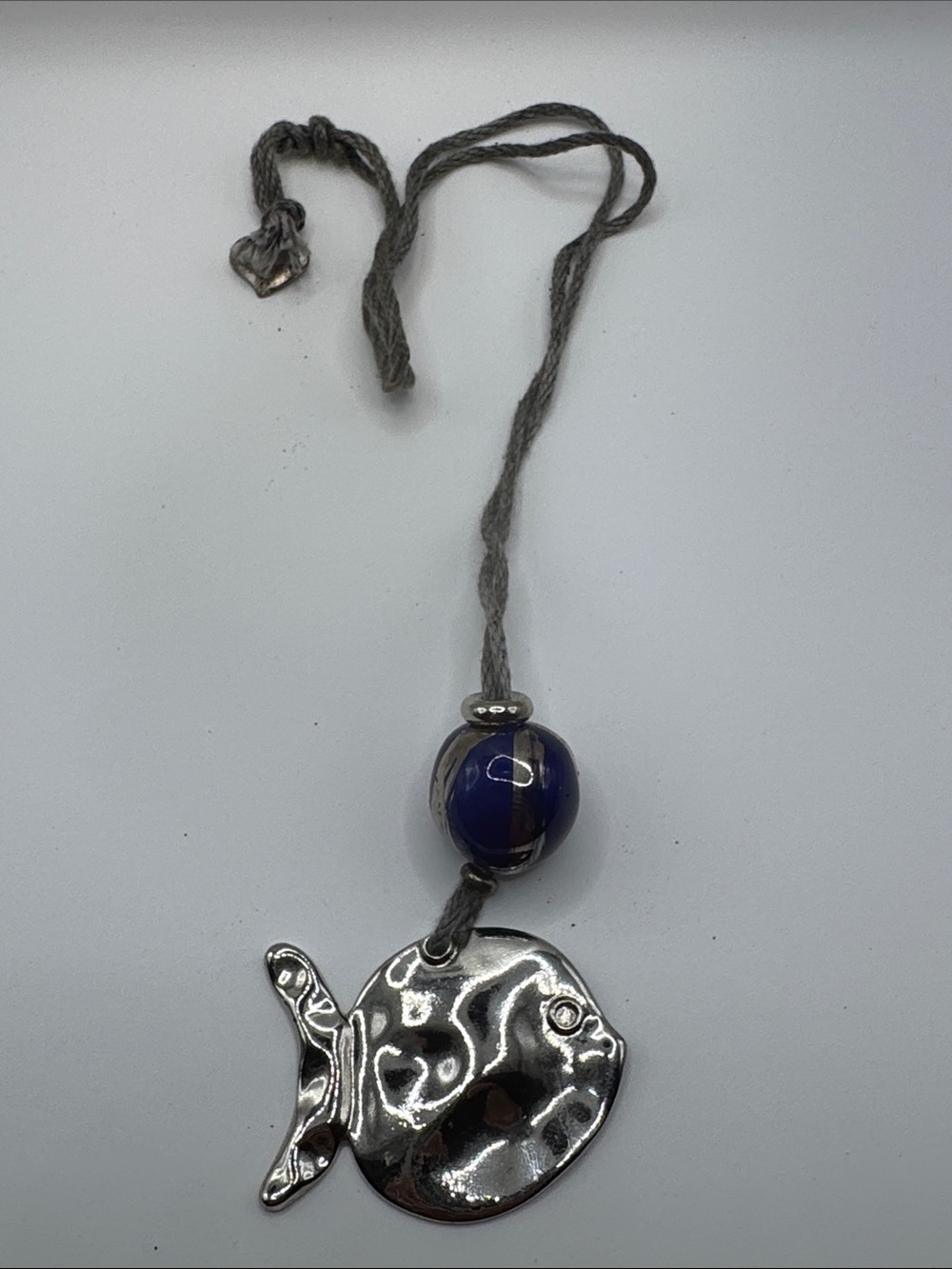 Vintage Silver Toned Fish with Lg Blue/Silver Metal Bead Necklace Made in France